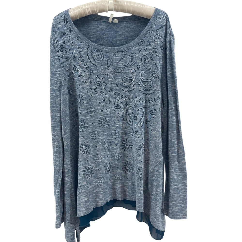 Boho‎ Paisley Tunic Top Womens L Blue Flowy Asymmetrical Hem Soft Stretch Fairy